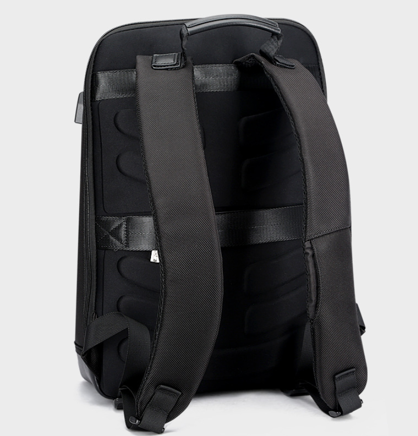 Black vegan leather backpack — side profile