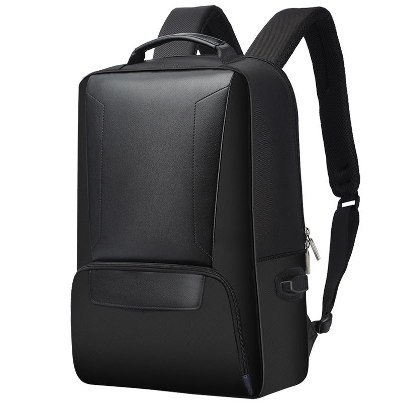 Slim black vegan leather laptop backpack — front view