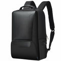 Slim vegan leather laptop backpack worn on model