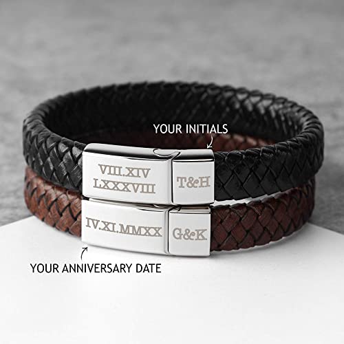 Personalized Roman numeral engraved leather bracelet for men