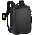 Black water-resistant nylon laptop backpack — front view