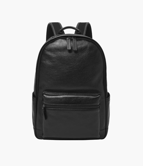 Buckner black leather backpack with laptop compartment and luggage strap