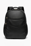 Black faux leather laptop backpack with multiple compartments