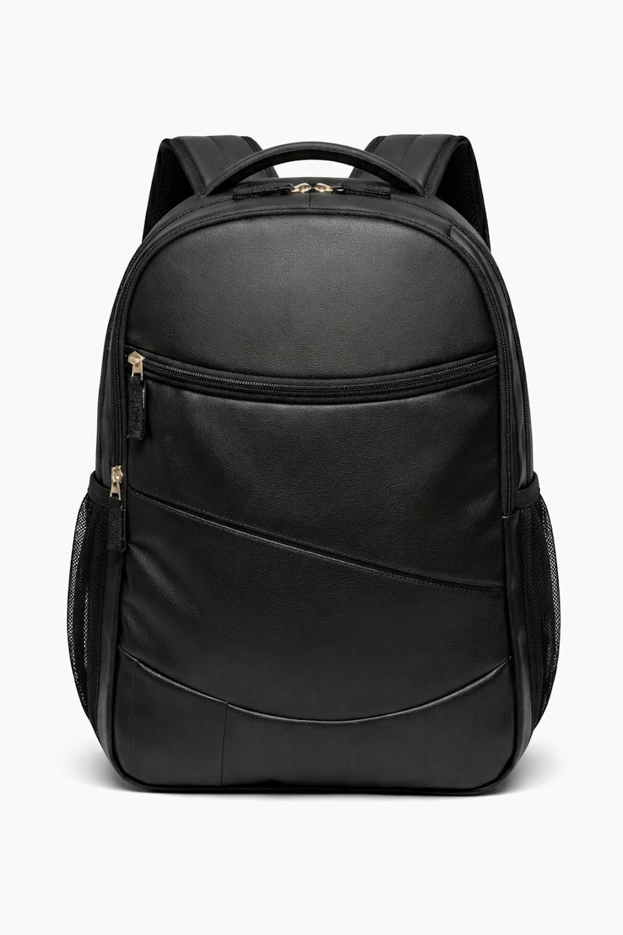 Black faux leather laptop backpack with multiple compartments