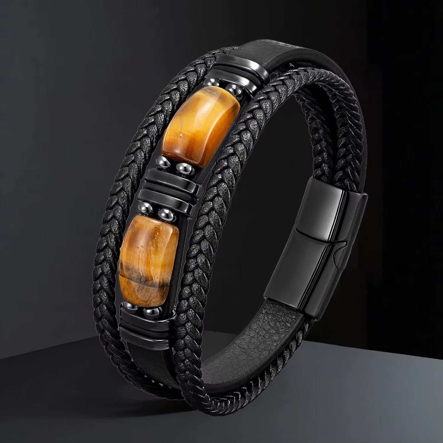 Vander Obsidian braided leather bracelet with stone accents